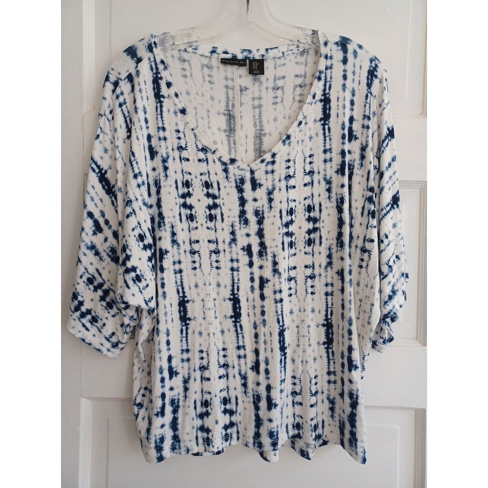 Tahari blue white tie-dye knit top M Vneck dolman sleeve tee beachy coastal boho